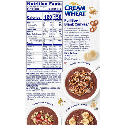 Cream of Wheat Instant Cocoa Cereal – Simple Lower Sugar Breakfast with Clean Ingredients, 10 Single-Serve Packets