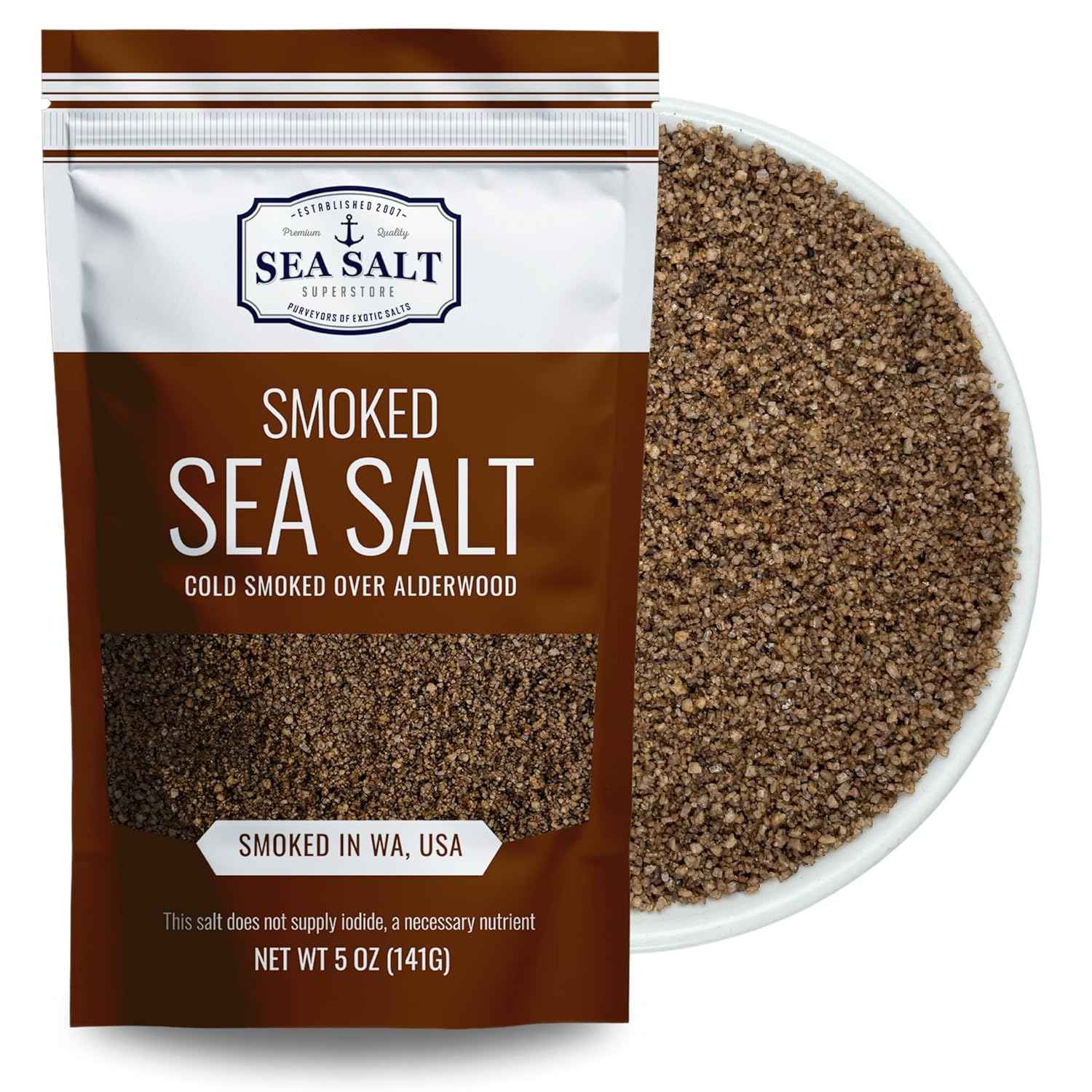 Fine Grain Cold Smoked Sea Salt Over Alderwood, Unrefined Fine Smoky Flavored Kosher Salt for Grilling & Cooking, 5 oz Bag