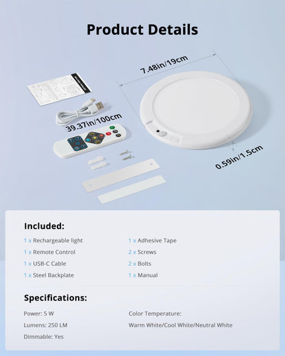 Combuh Cordless Magnetic Ceiling Light – Clutter-Free Wireless Fixture for Intentional Renter Living, No Drill or Wiring