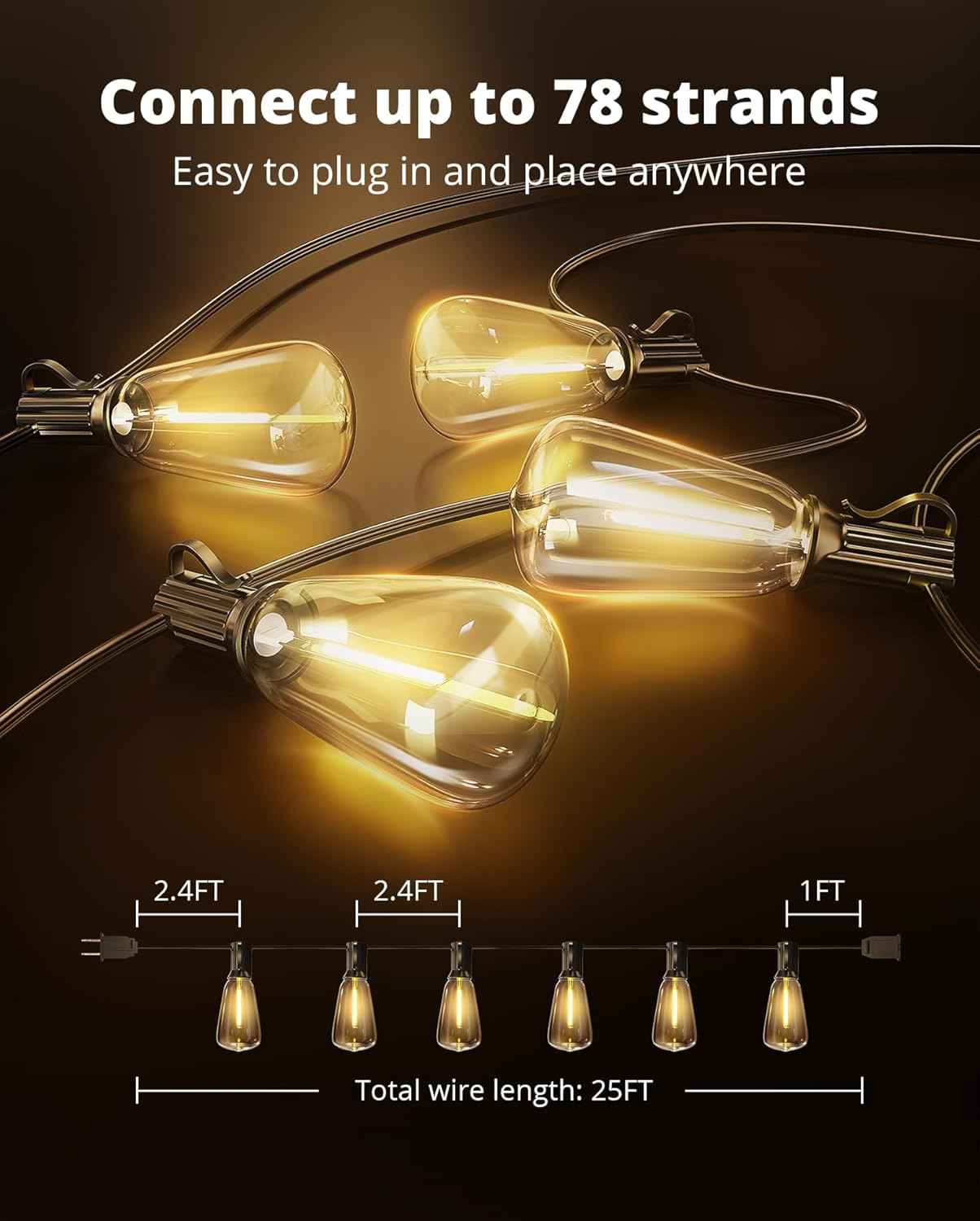 VIPAR Shatterproof String Lights – Cool-Touch ST38 LED Bulbs Safe for Kids, Pets, and Family Backyards