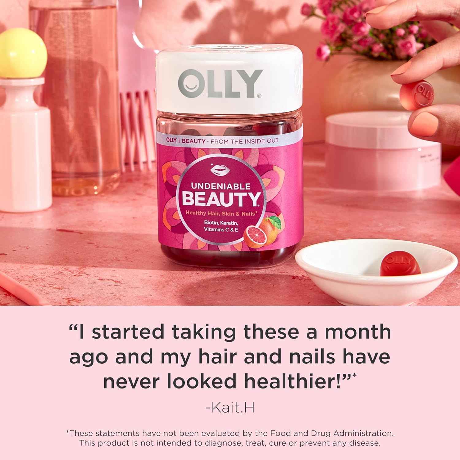 OLLY Undeniable Beauty Gummy – Countertop Friendly Beauty Supplement, Clean Grapefruit Gummy for Hair Skin and Nails