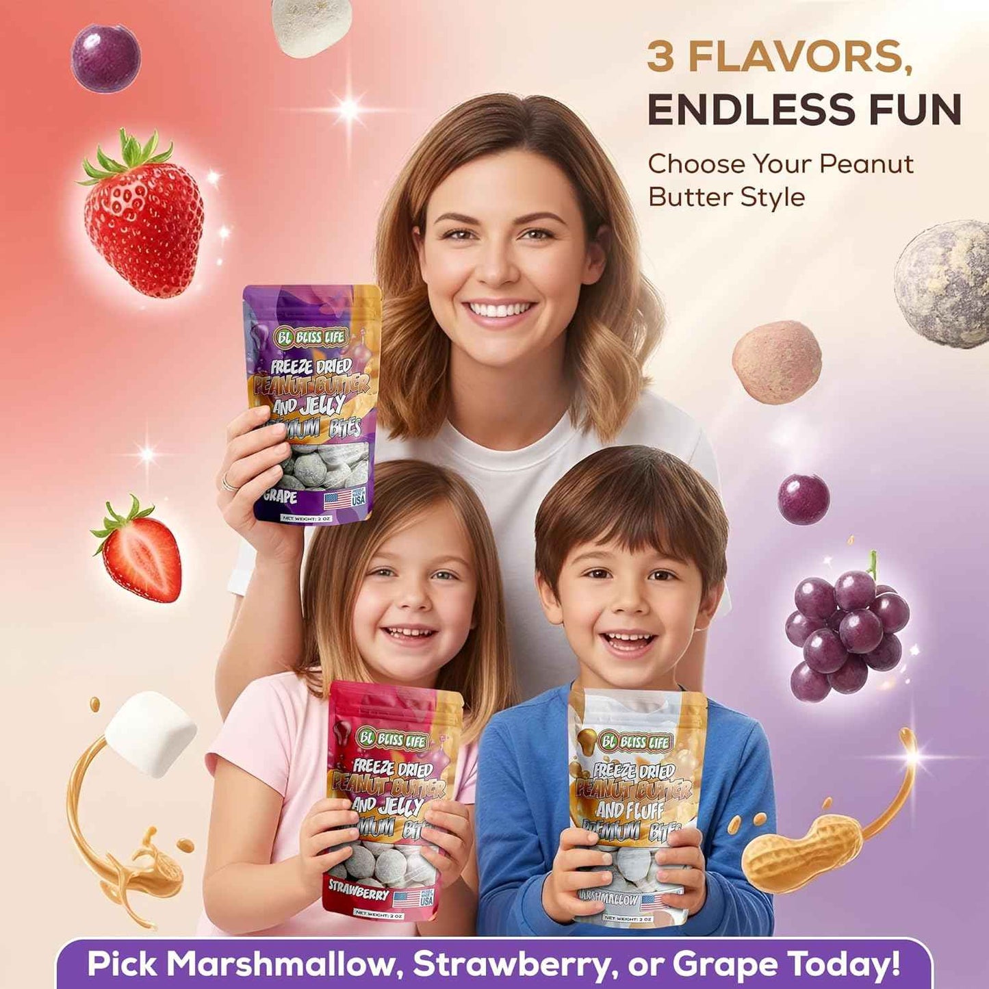 Freeze Dried PB&J Grape Candy – Lunchbox Snack for Kids, Crunchy Sweet Treat That Melts in Your Mouth 2oz
