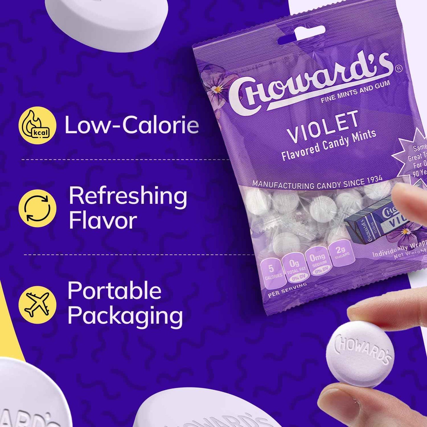 Choward's Violet Mints Candy Bag – Low-Calorie Self-Care Ritual, 3 Pack of 20-Calorie Floral Mints for Daily Wellness