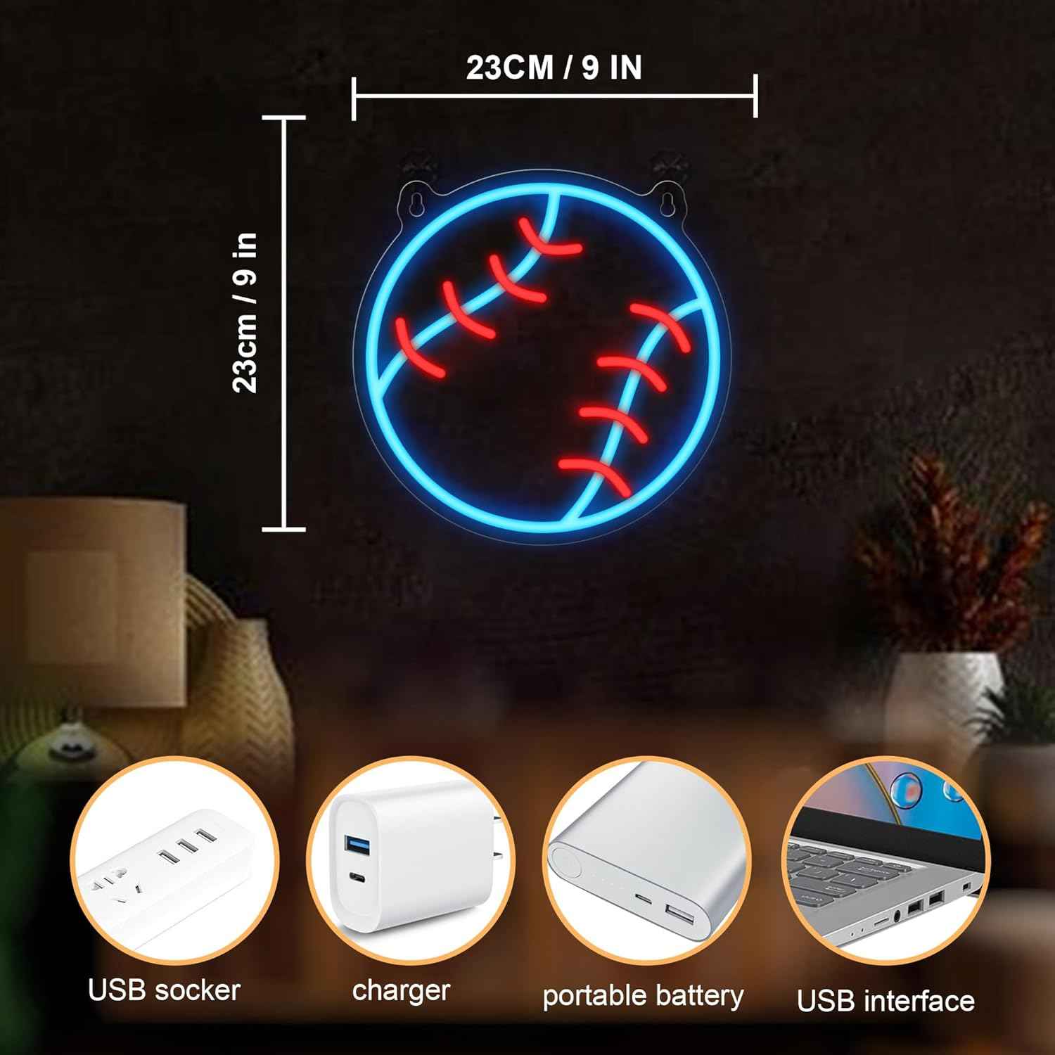 Baseball Neon Sign - Child Friendly Sports Night Light for Boys Room, Dimmable LED Wall Decor No Glass No Flame, USB Powered Bedroom Light