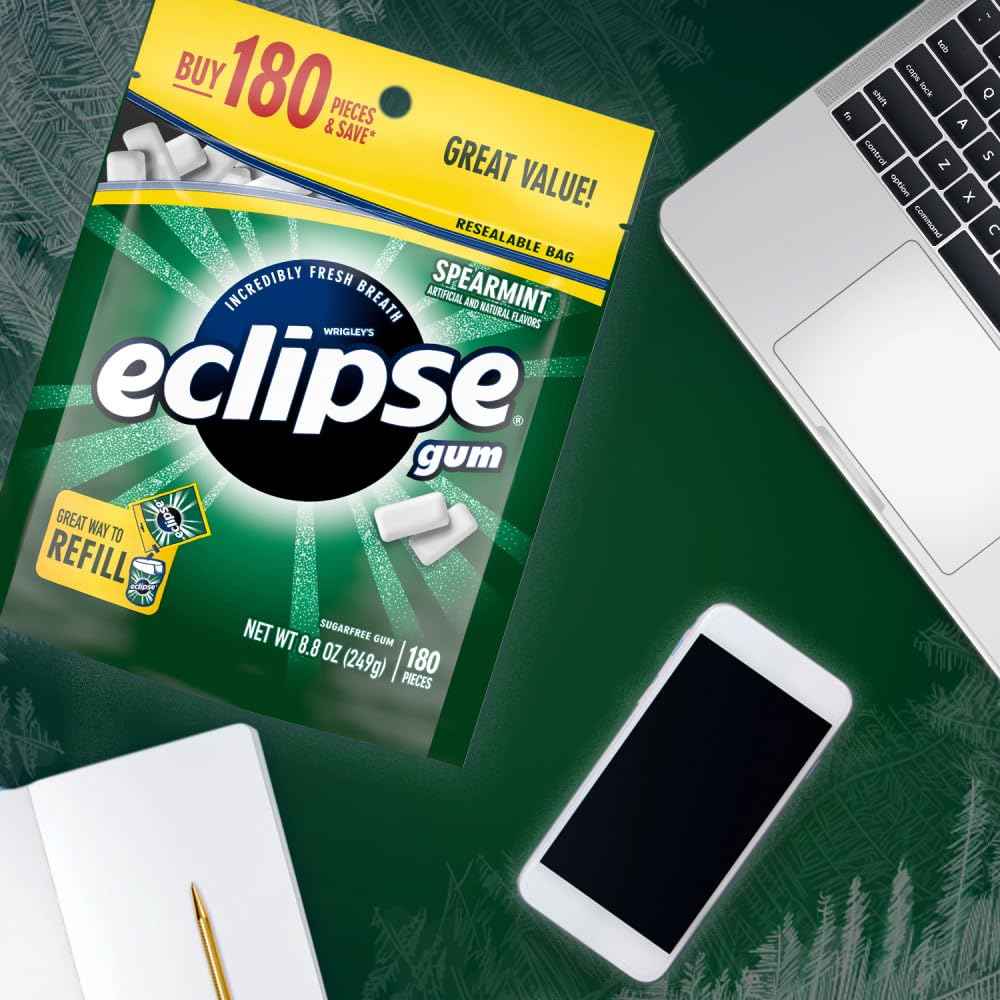 ECLIPSE Spearmint Sugar Free Chewing Gum 180 Piece Bulk – Car Cup Holder Fresh Breath for Road Trips and Errands