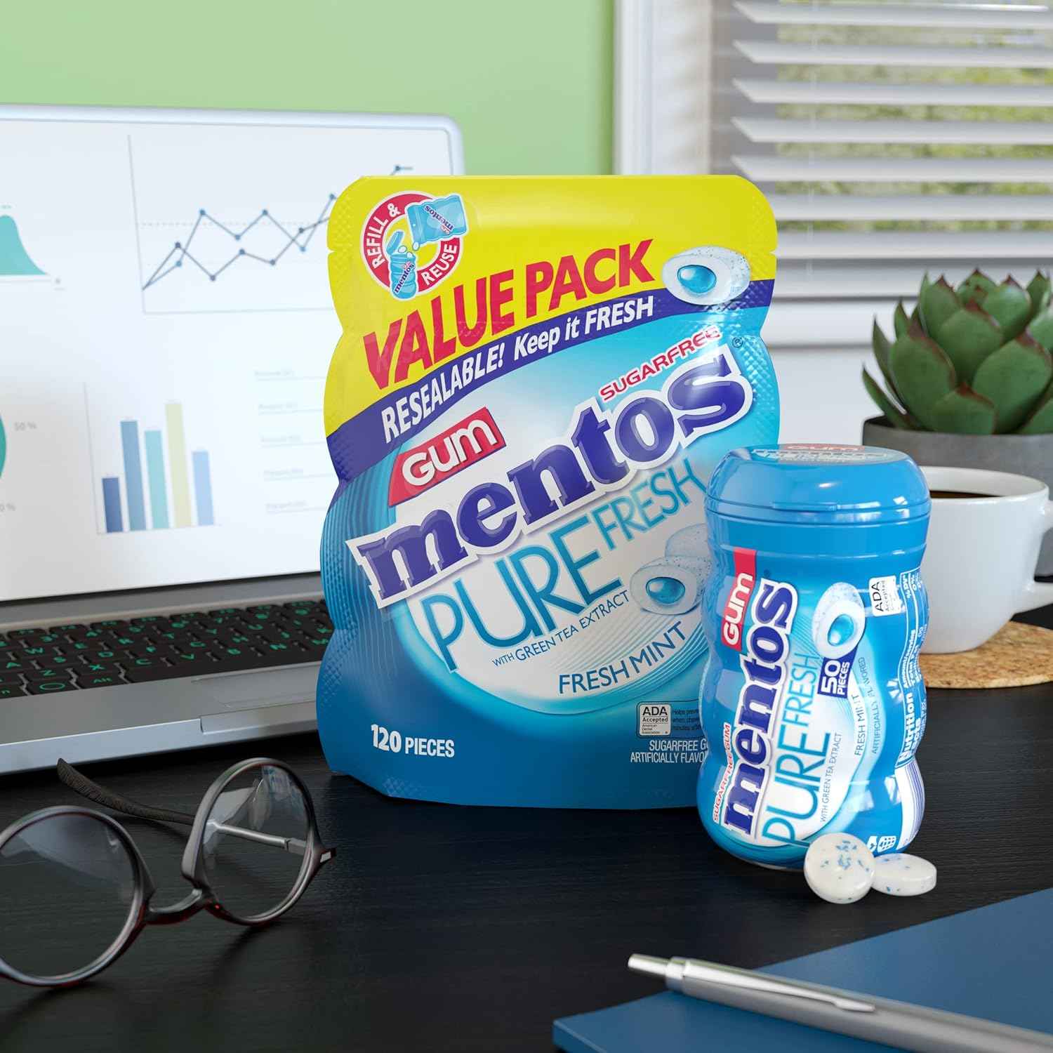 Mentos Pure Fresh Sugar-Free Chewing Gum with Xylitol, Fresh Mint, 120 Piece Bulk Resealable Bag for Stocking Stuffer and Holiday Gift