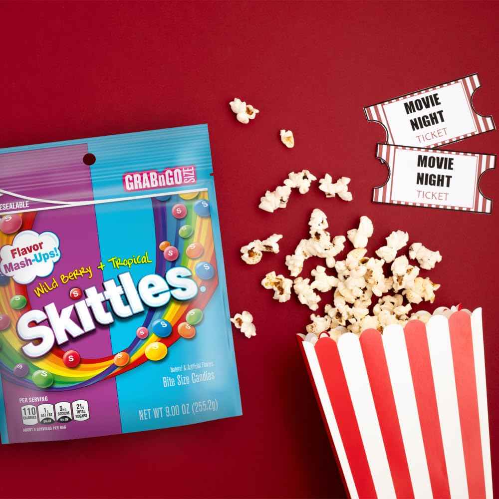 SKITTLES Mash-Ups Wild Berry and Tropical Candy, 9-Ounce Portable Pouch for Hiking Pack, Picnic Basket and Campsite Treats