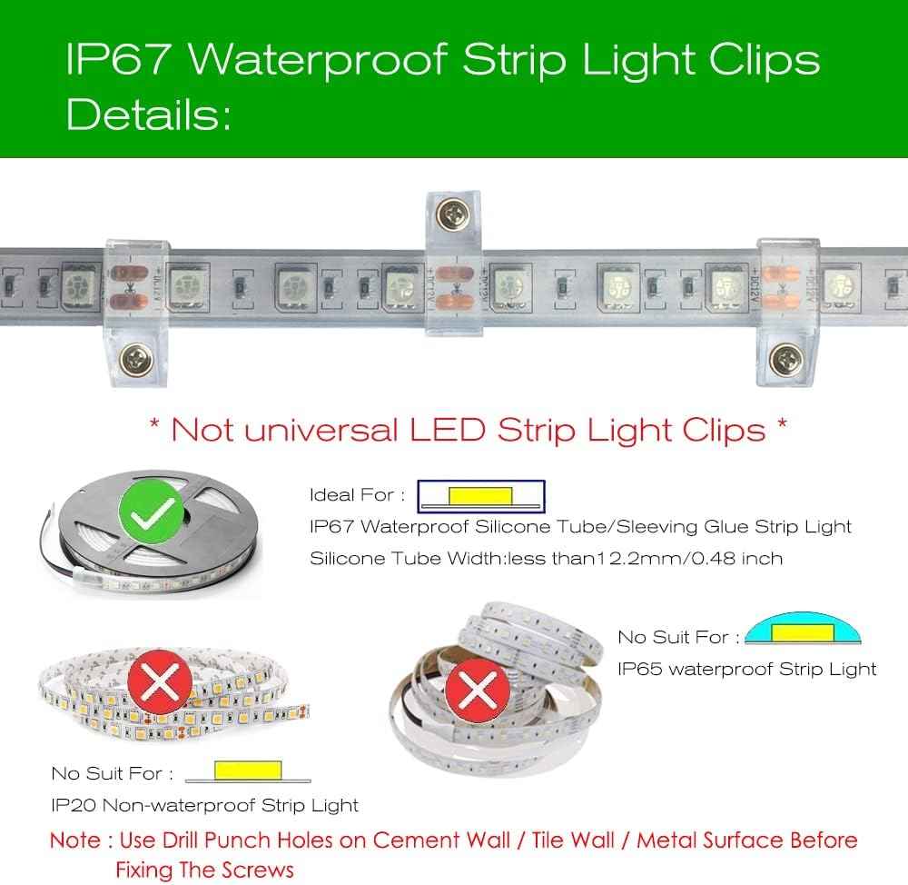 ATB Weatherproof LED Strip Light Clips for Camping Trailers and Patio Cover Installations, Clear 10mm/12mm Mounting Bracket Pack of 100