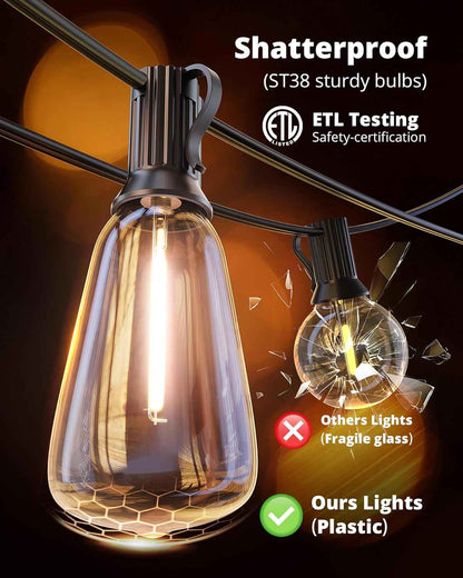 VIPAR Shatterproof String Lights – Cool-Touch ST38 LED Bulbs Safe for Kids, Pets, and Family Backyards