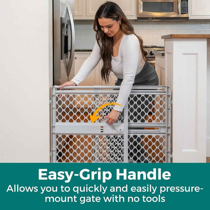 MYPET Universal Pet Gate – Top of Stairs Safety Barrier for Puppies and Small Dogs, Pressure or Hardware Mount, 26" Tall Gray