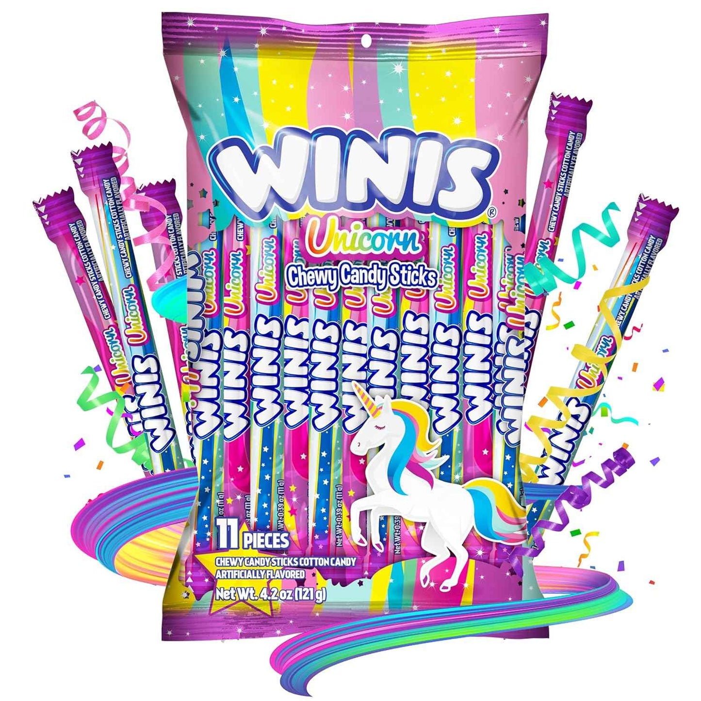 Winis Unicorn Cotton Candy Chewy Candy Sticks – Parent-Approved Taffy Treat for School Parties, Birthday Goody Bags, and After-School Snacking | 11 Individually Wrapped Pieces, Nut Free