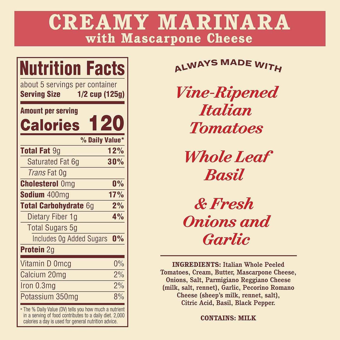 Rao's Homemade Creamy Mascarpone Marinara – No Added Sugar Keto-Friendly Pasta Sauce for Healthy Home Cooking, 24 oz