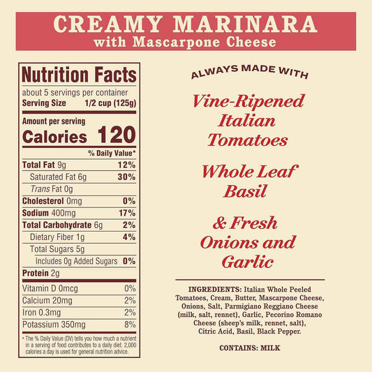 Rao's Homemade Creamy Mascarpone Marinara – No Added Sugar Keto-Friendly Pasta Sauce for Healthy Home Cooking, 24 oz