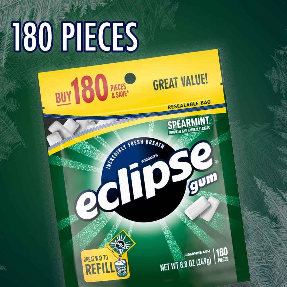 ECLIPSE Spearmint Sugar Free Chewing Gum 180 Piece Bulk – Car Cup Holder Fresh Breath for Road Trips and Errands