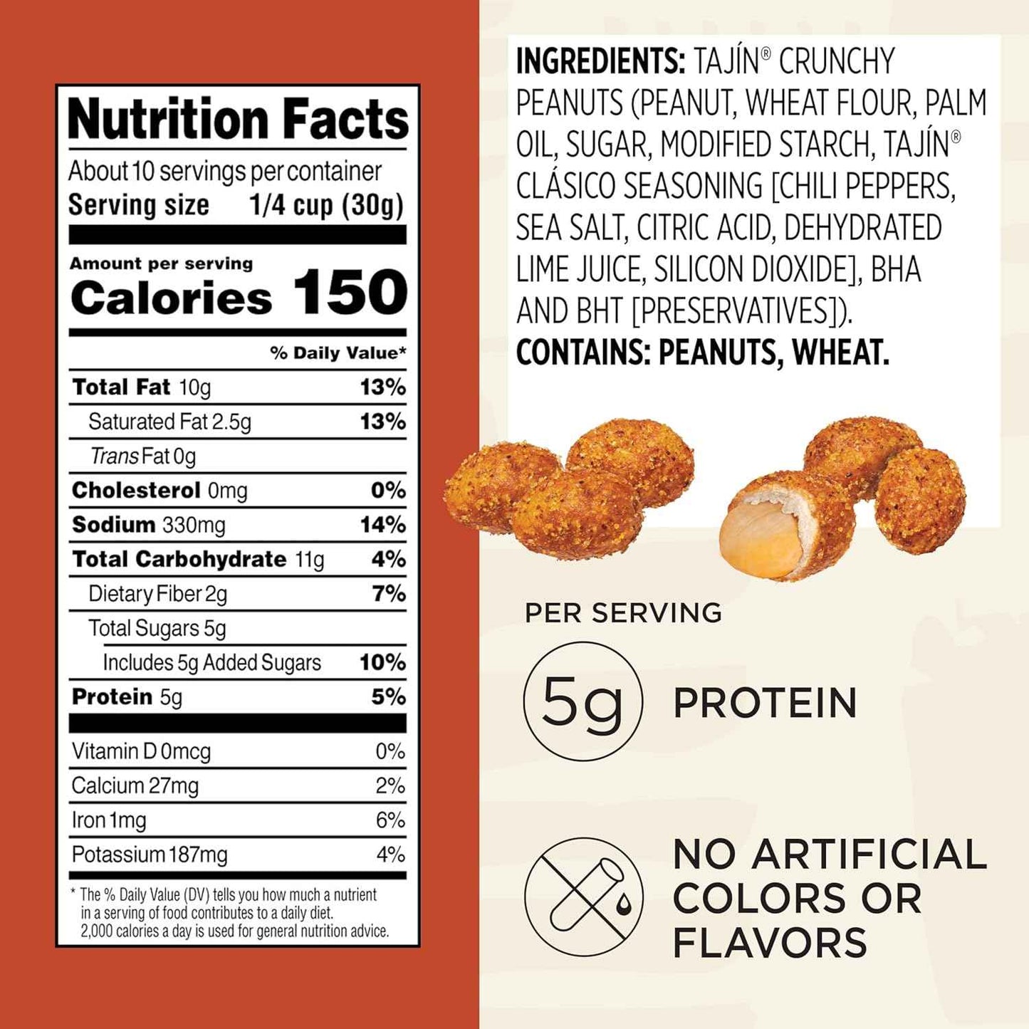 Snak Club Tajin Crunchy Peanuts – Clean Ingredient Snack with No Artificial Colors or Flavors and Tajin Chili Lime Crunch, 10.5 oz