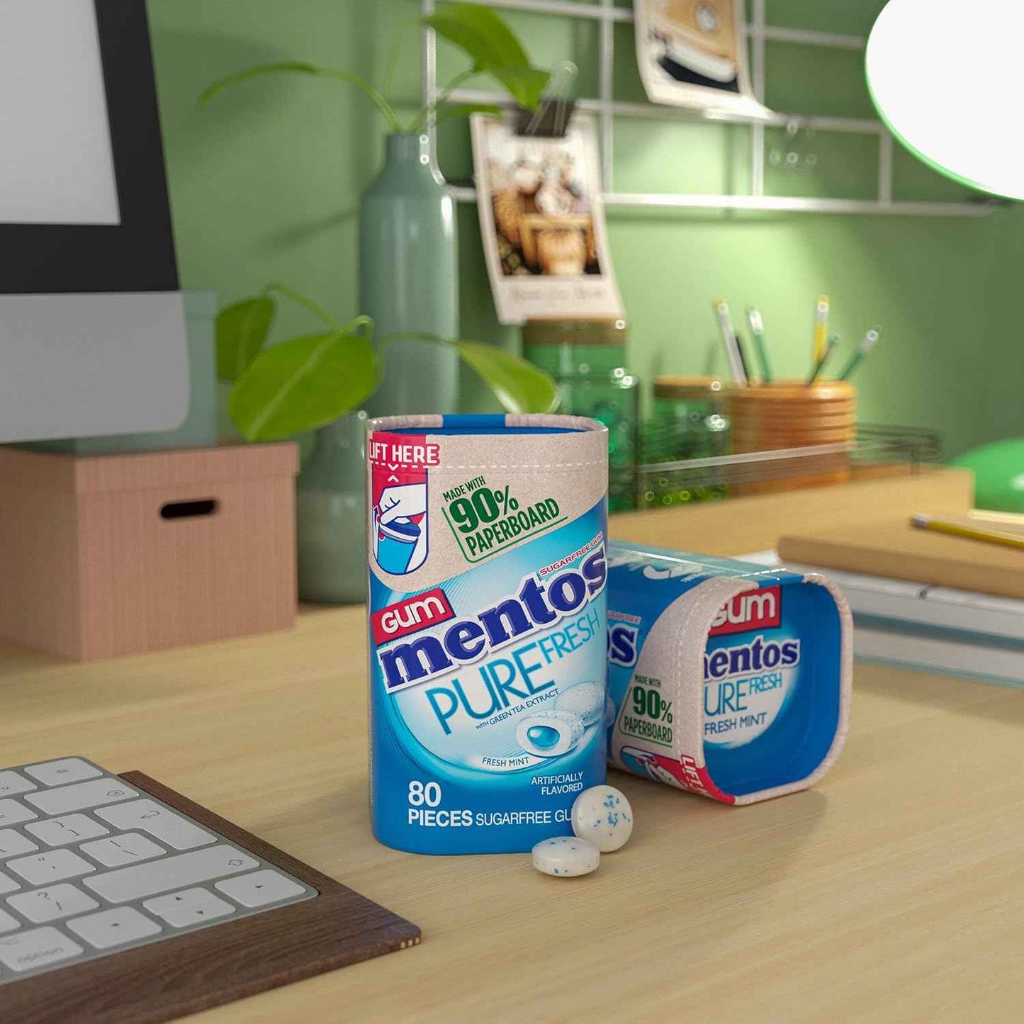 Mentos Pure Fresh Xylitol Chewing Gum for Mid-Afternoon Focus Reset at the Office Desk, Fresh Mint 80ct Paperboard Bottle