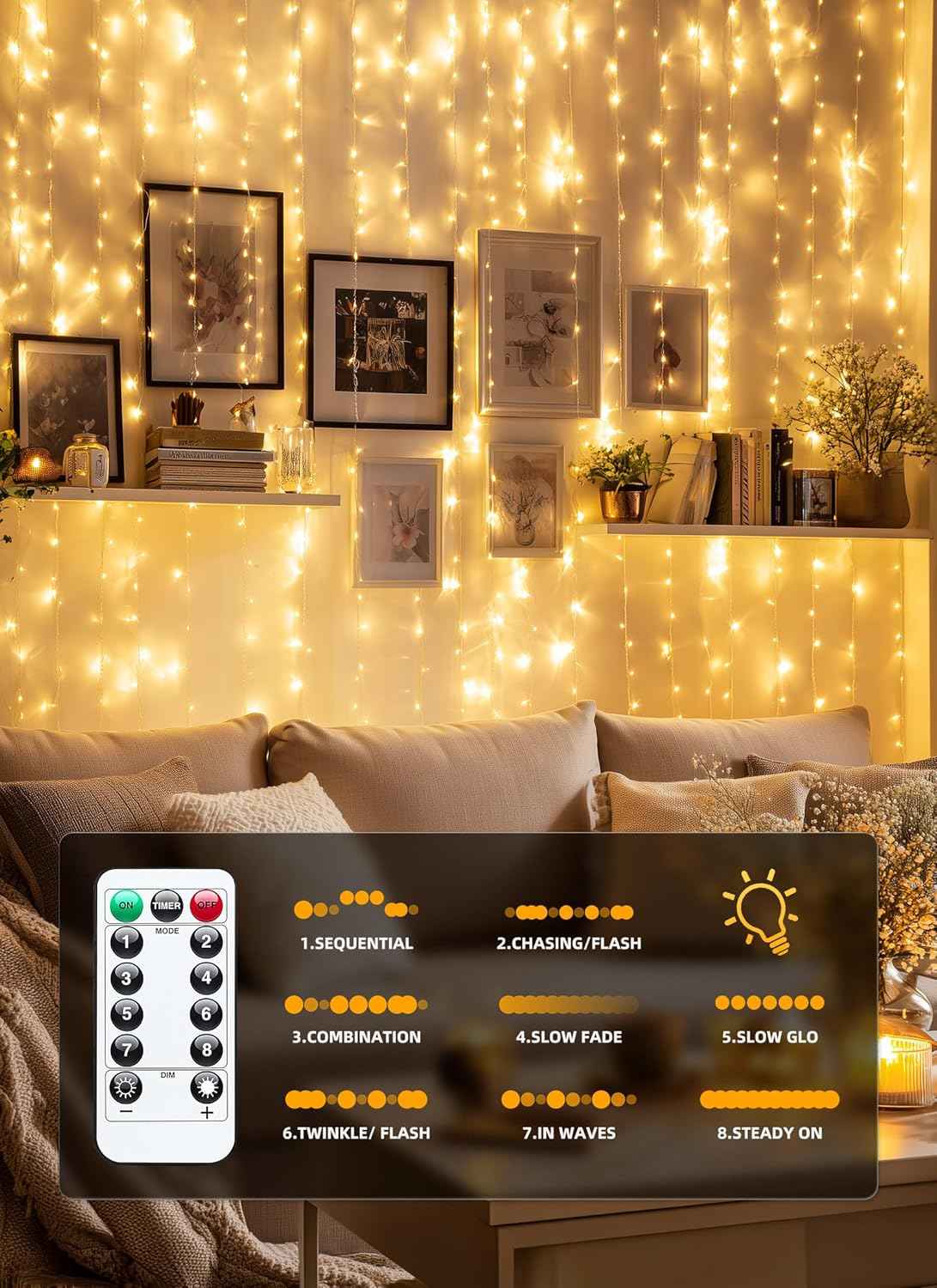 Brightown 300 LED Curtain Fairy Lights in Soft Pink, 9.8x9.8 ft USB-Powered Hanging Lights with 8 Modes and Timer, Bedroom Window Backdrop and Vanity Area Decor