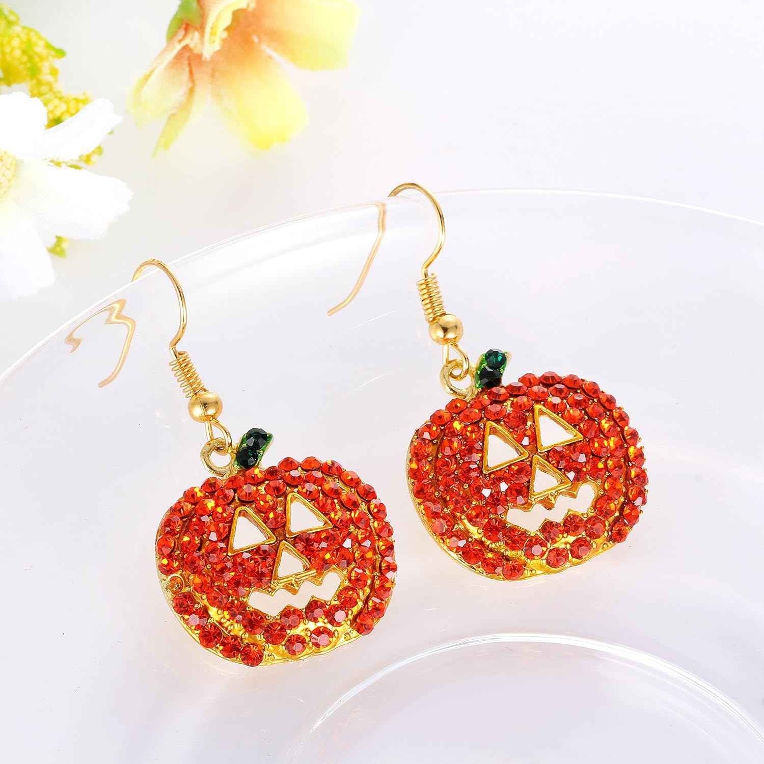 iWenSheng Halloween Pumpkin Earrings Red - Hypoallergenic Crystal Dangle Earrings Safe for Sensitive Skin, Fun Costume Accessory for Girls