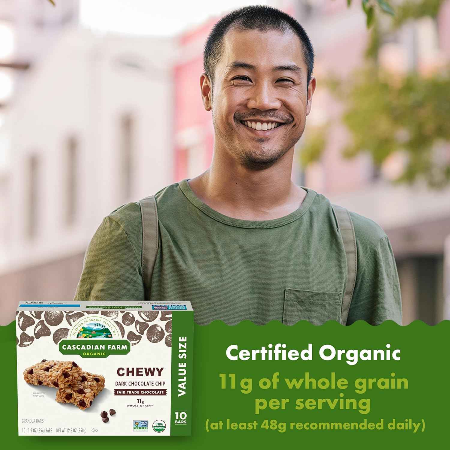 Cascadian Farm Organic Dark Chocolate Chip Granola Bars – Whole Grain Snack for Balanced Eating Habits, 12.3 oz Pack