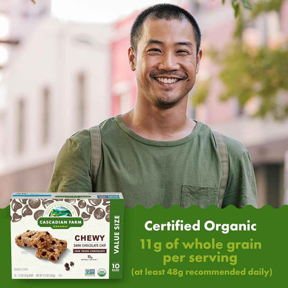 Cascadian Farm Organic Dark Chocolate Chip Granola Bars – Whole Grain Snack for Balanced Eating Habits, 12.3 oz Pack