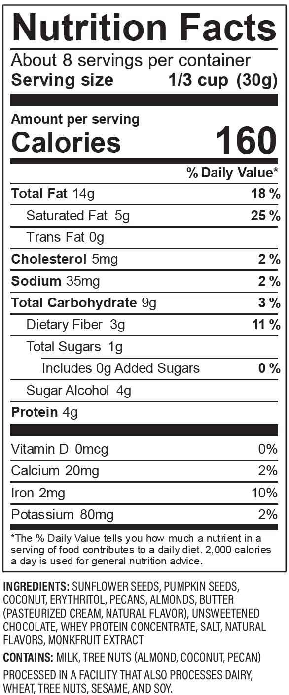 NuTrail Dark Chocolate Granola – Lunchbox Safe Low-Carb Cereal for Gluten Free Kids, No Sugar Added 8 oz
