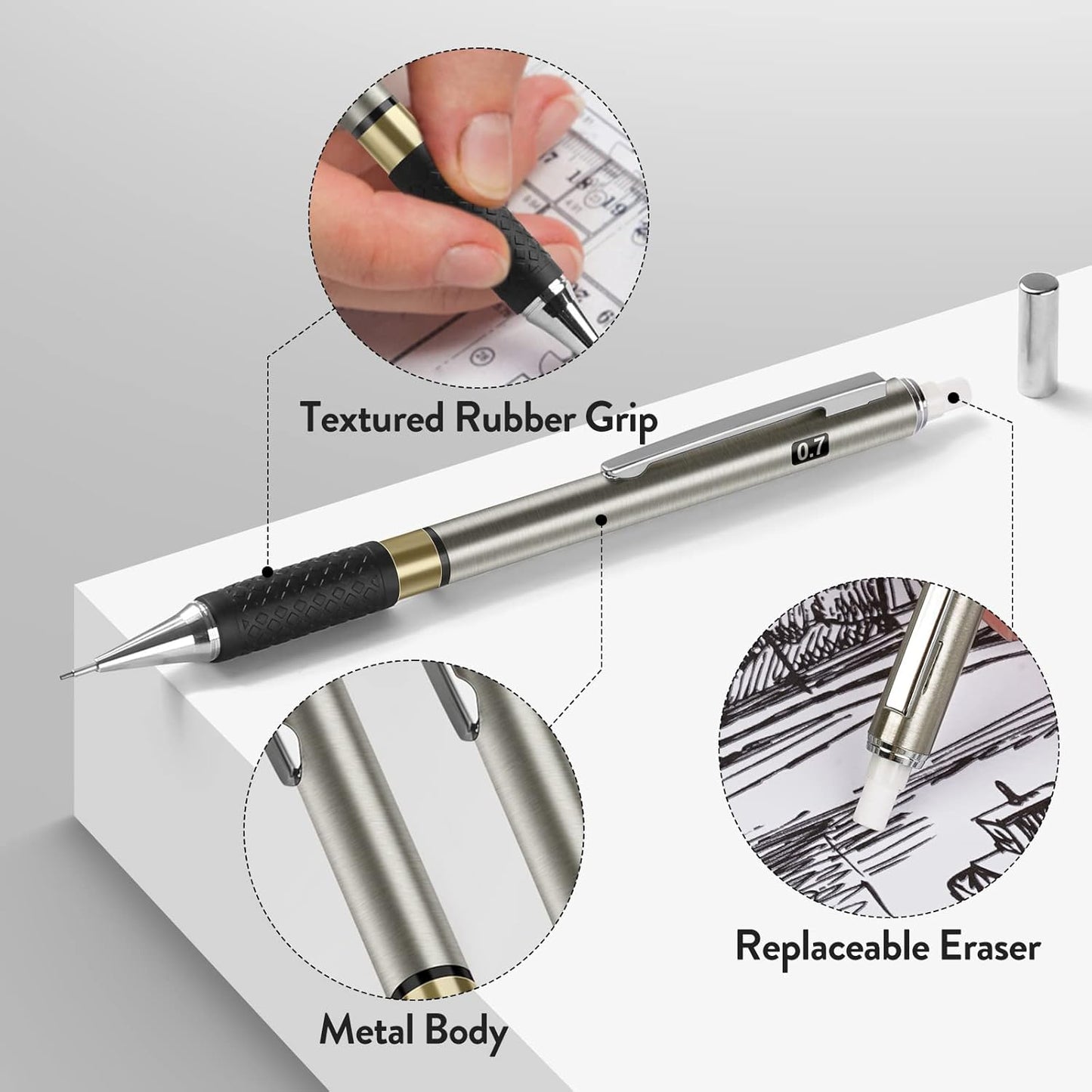 Metal_Mechanical_Pencil_Set_-_3PCS_0.7mm_Art_Mechanical_Pencils_&_360PCS_HB_Lead_Refills_&_3PCS_Erasers_&_9PCS_Eraser_Refills,_Drawing_Mechanical_Pencils_for_Writing,_Sketching-With_Case