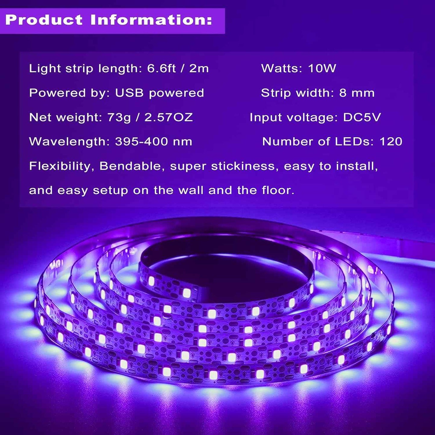 Blacklight Strip Lights for Living Room Decor, 120 LED Bead USB Powered UV Bar for Ambient Purple Glow