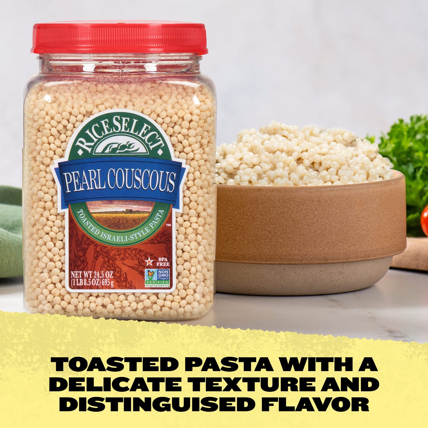 RiceSelect_Pearl_Couscous,_Israeli-Style_Wheat_Couscous_Pasta,_Non-GMO,_24.5-Ounce_Jar,_(Pack_of_1)