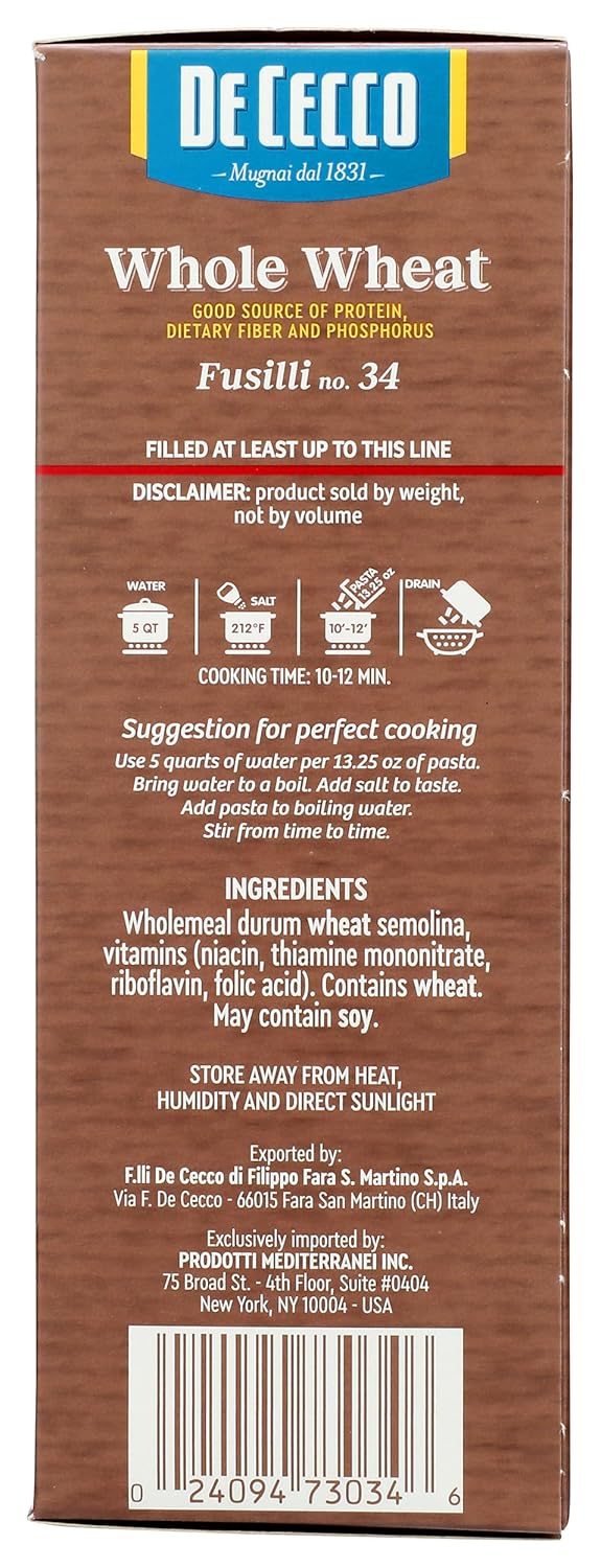 De Cecco Whole Wheat Fusilli – Kid-Friendly High-Fiber Pasta for School Lunch Bento Packs