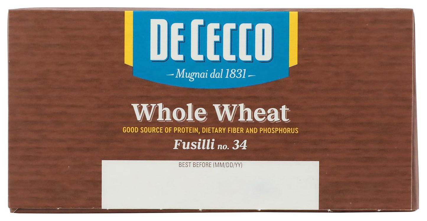 De Cecco Whole Wheat Fusilli – Kid-Friendly High-Fiber Pasta for School Lunch Bento Packs