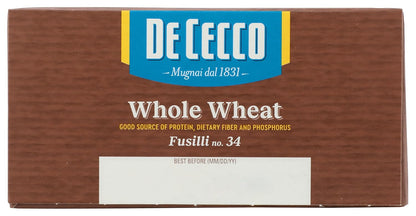 De Cecco Whole Wheat Fusilli – Kid-Friendly High-Fiber Pasta for School Lunch Bento Packs