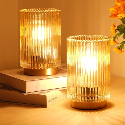 Decorative Fluted Glass Bedside Lamp with Warm LED Glow for Mantels, Bookshelves, and Console Tables