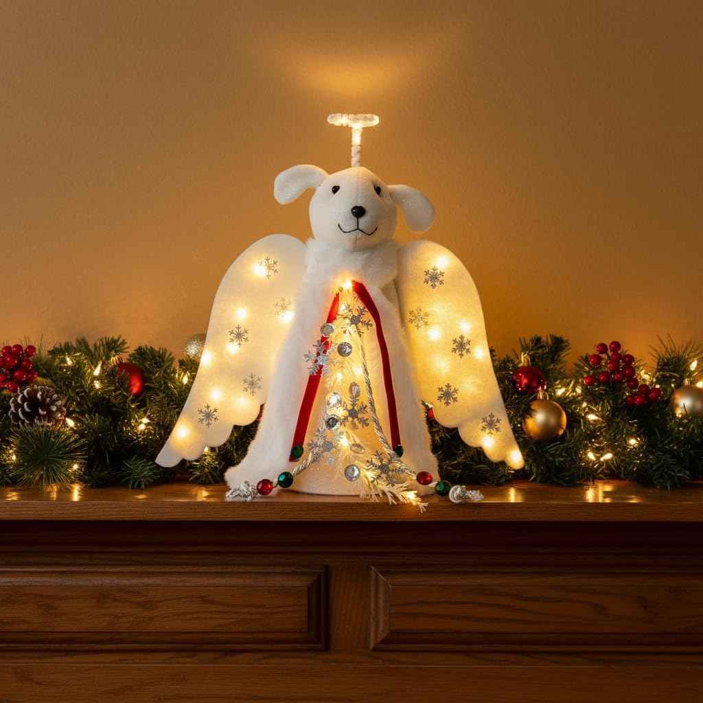 iHeartDogs Christmas Miracle Angel – Cozy Living Room Tree Topper with LED Halo and Snowflake Garland