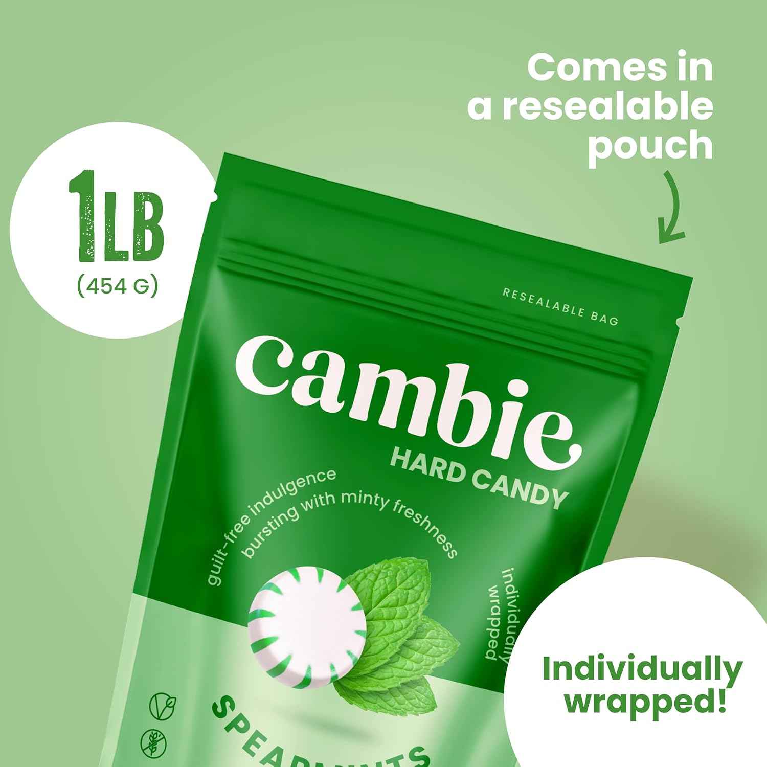 Cambie Spearmint Sugar Free Mints – Calorie-Conscious Self-Care Candy for Home Relaxation, Resealable Pouch