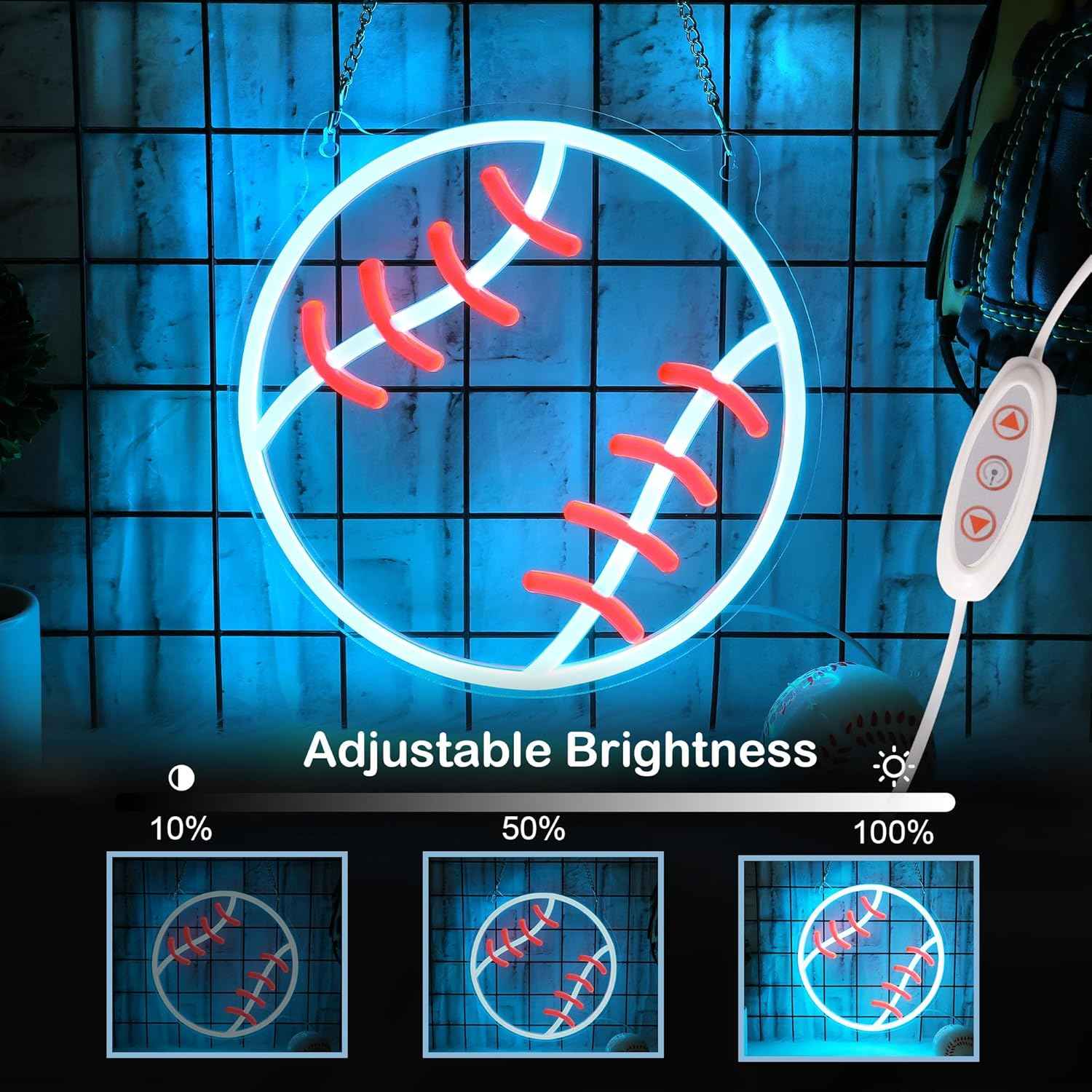 Baseball Neon Sign - Child Friendly Sports Night Light for Boys Room, Dimmable LED Wall Decor No Glass No Flame, USB Powered Bedroom Light