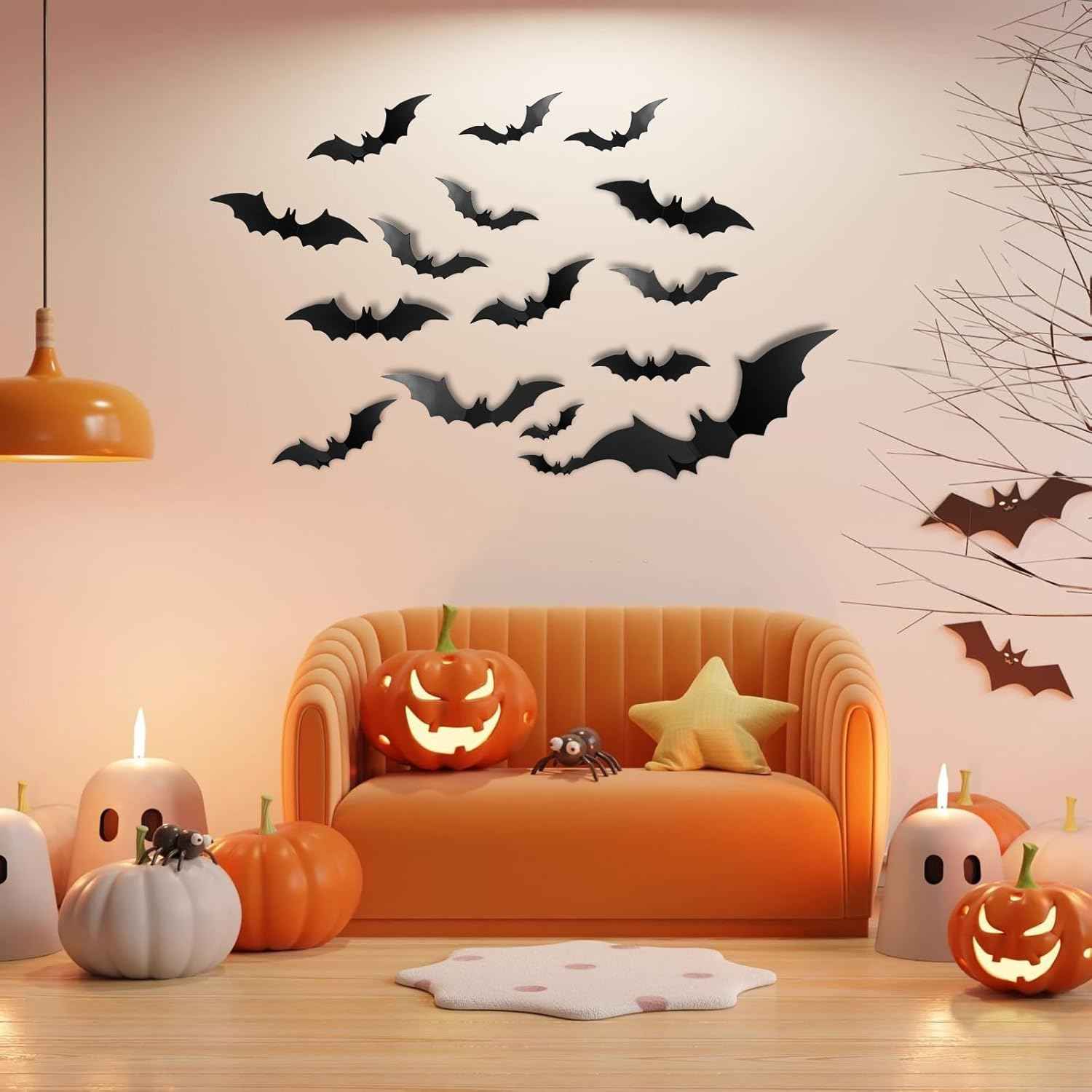Elegantly Halloween Big Size Bat Silhouette Set – Immersive Haunted House Wall Display for Entryway and Staircase, Modern Gothic Home Halloween Styling