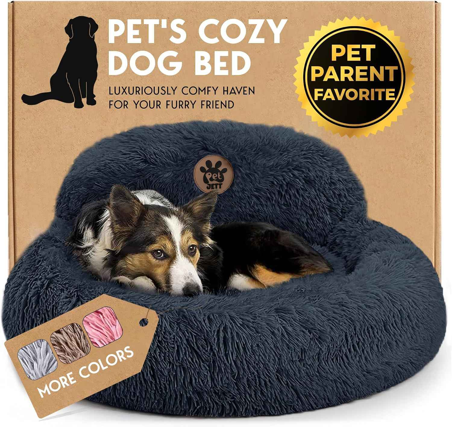 PetJett Calming Donut Dog Bed Medium – Faux Fur Round Pet Bed in Dark Grey, Modern Living Room & Bedroom Decor Accent