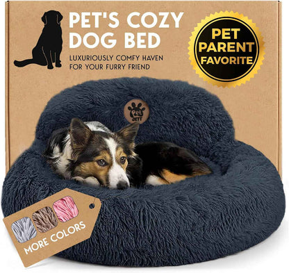 PetJett Calming Donut Dog Bed Medium – Faux Fur Round Pet Bed in Dark Grey, Modern Living Room & Bedroom Decor Accent