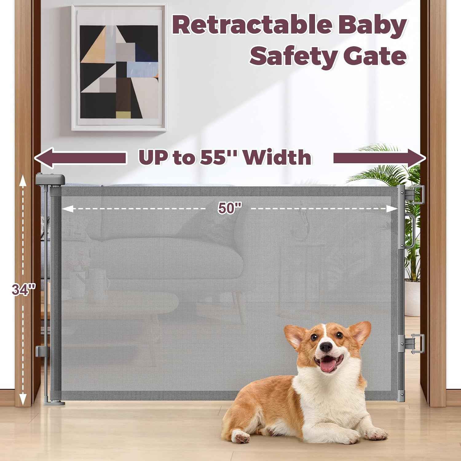 Retractable Baby Gate for Stairs & Doorways – Trip-Free Mesh Barrier for Toddler Fall Prevention, 55" Wide Child Safety Gate