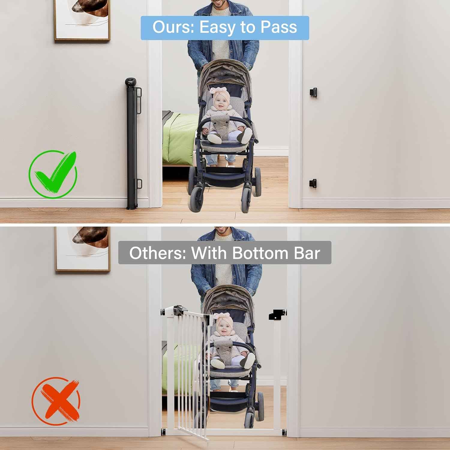probebi Retractable Pet Gate for Stairs and Doorways – 34" Tall Mesh Barrier with Double-Lock Safety Release