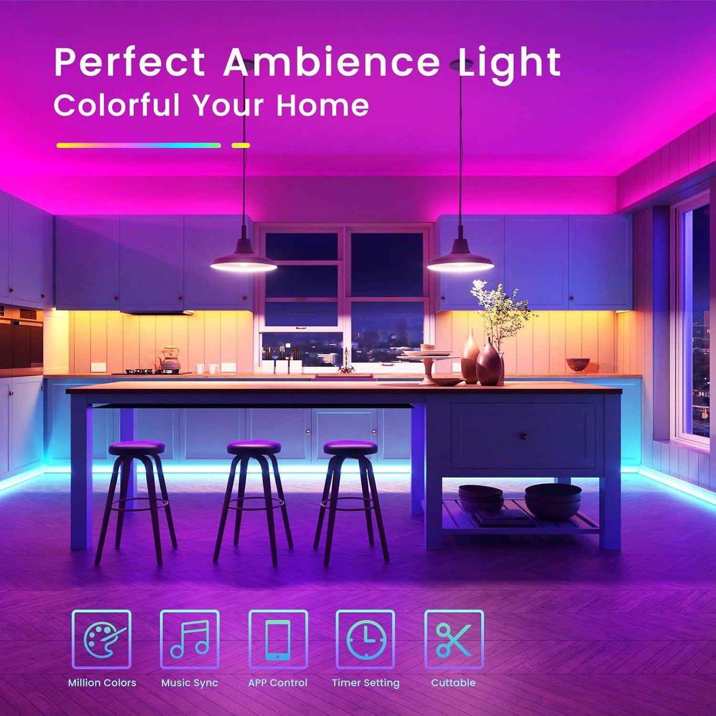 TJOY RGB LED Strip for Kids Room Walls and Ceiling – Music Sync Mood Lighting with Auto Shutoff Timer