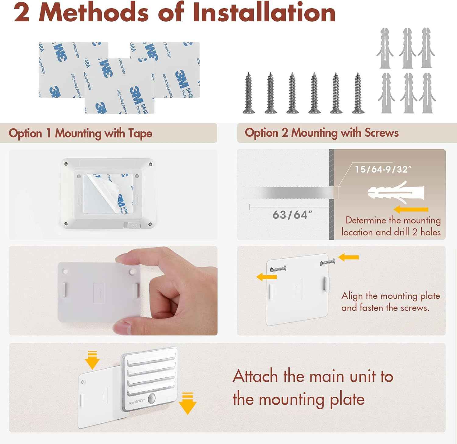 EverBrite Motion Sensor Night Lights for Clean Modern Homes, Simple Cordless LED Lighting with Uncluttered Design, 3 Pack