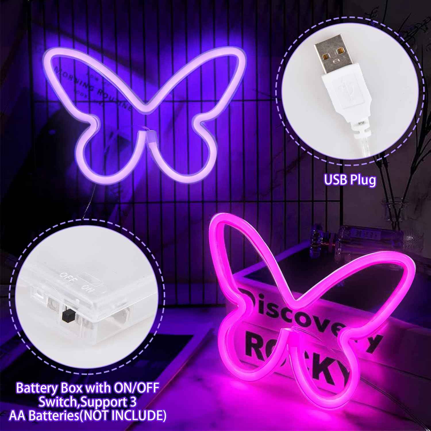 BRIGHTDECK 3-Piece Butterfly Neon Wall Art – Soft Glow Living Room and Dorm Room Decoration, Battery or USB Powered Accent Lighting