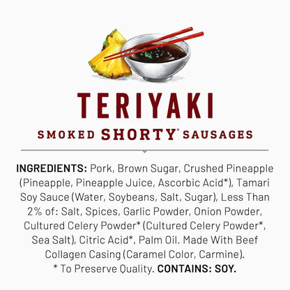 Duke's Pork Teriyaki Smoked Shorty Sausages – No-Mess Desk Snack to Power Through Afternoon Work, 5 oz
