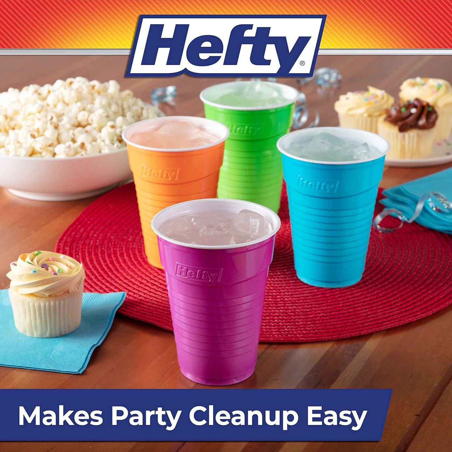 Hefty Party On Disposable Cups – Decorative Fourth of July Entertaining Serveware with Bright Patriotic Color Palette, 76 Pieces