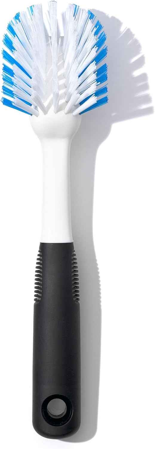 OXO Good Grips Dish Brush – Galley Kitchen Cleanup Essential for Daily Meal Prep, Nylon Bristle Scrubber with Built-In Scraper