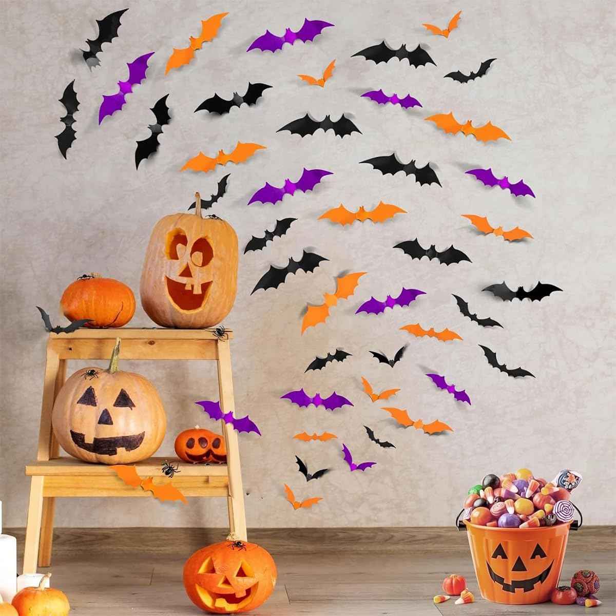 Indoor and Outdoor Bat Decor – 72 Pcs Foldable 3D PVC Halloween Wall Stickers for Patio, Windows, and Garden Party Setup