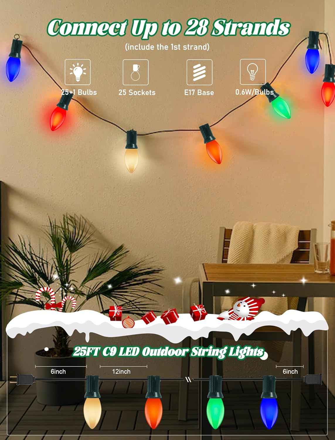 Holiday Brilliance Multicolor C9 String Lights – Retro Bedroom Aesthetic Lighting for Windows, Columns and Reading Nook