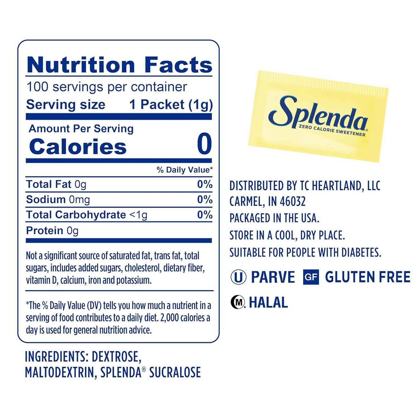 SPLENDA Zero Calorie Sweetener, 100 Count Packets - Travel-Friendly Sweetener for Camping and Road Trips