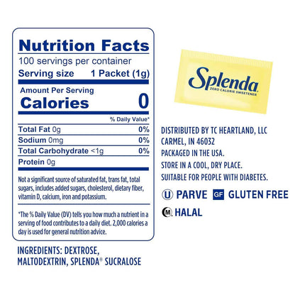 SPLENDA Zero Calorie Sweetener, 100 Count Packets - Travel-Friendly Sweetener for Camping and Road Trips